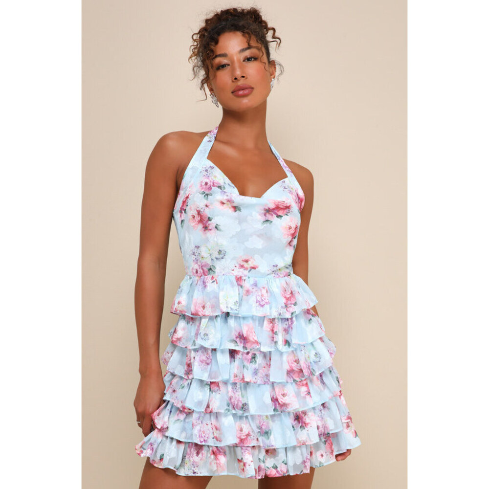 Lulus Trending Adorable Light Blue Floral Tiered Halter Mini Dress - Size XL
